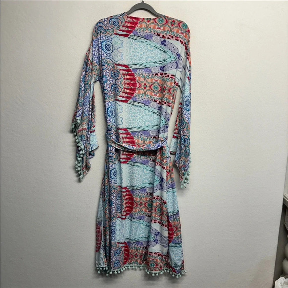 Jaase Colorful Blue Print Pom Pom Hem Kimono Robe M - Picture 2 of 8